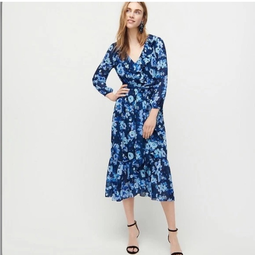 J. Crew long sleeve Blue watercolor Floral Long Sleeve Dress Size 14